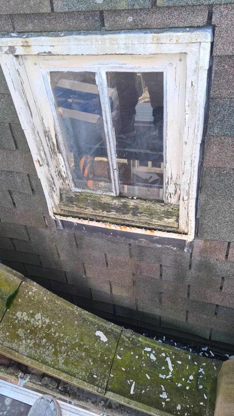 Dakkozijn met losgelaten verf en groene aanslag op de onderdorpel, tussen leien