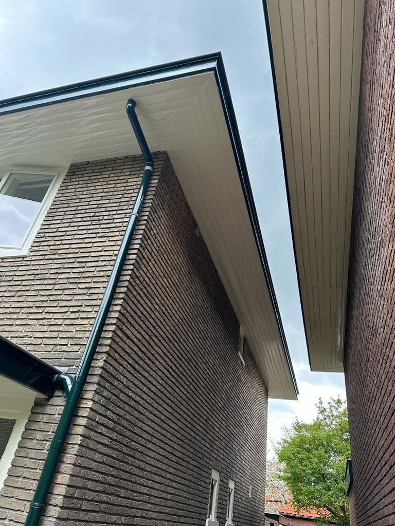 Dakrand en boeidelen in gebroken wit met donkergroene regenpijp